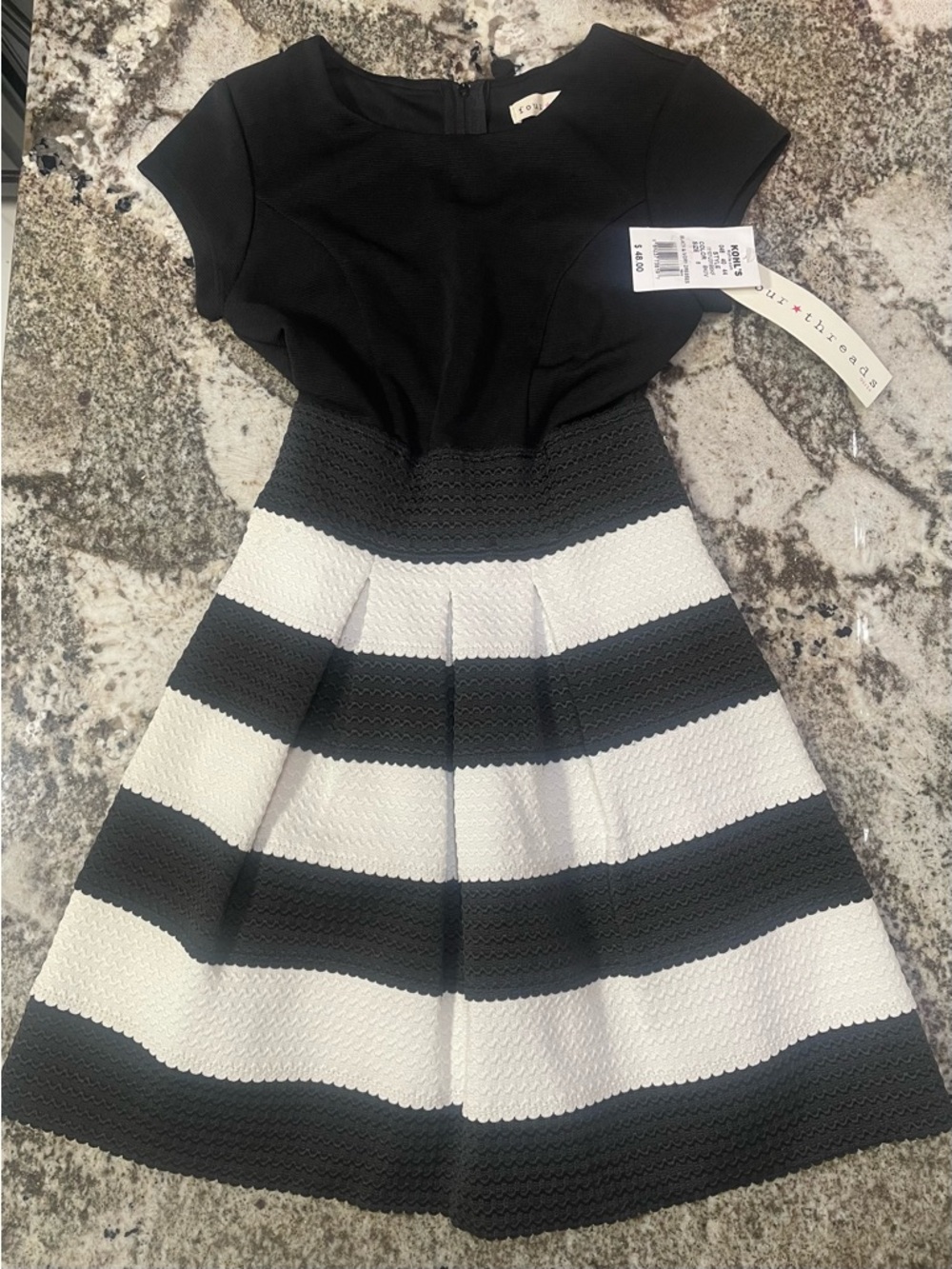 Four Threads Girls White Striped Fit-and-Flare Dress